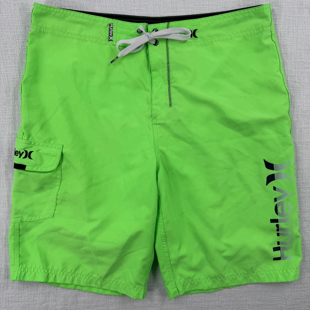 Hurley Men's Board Shorts 34 Neon Lime Green Cargo Pocket One & Only Swim Trunk